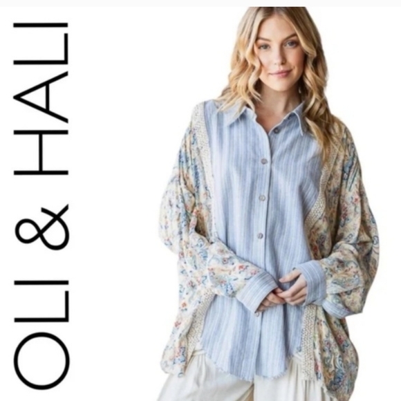 Oli & Hali Blue Shirt with Floral Size XL - Picture 2 of 8
